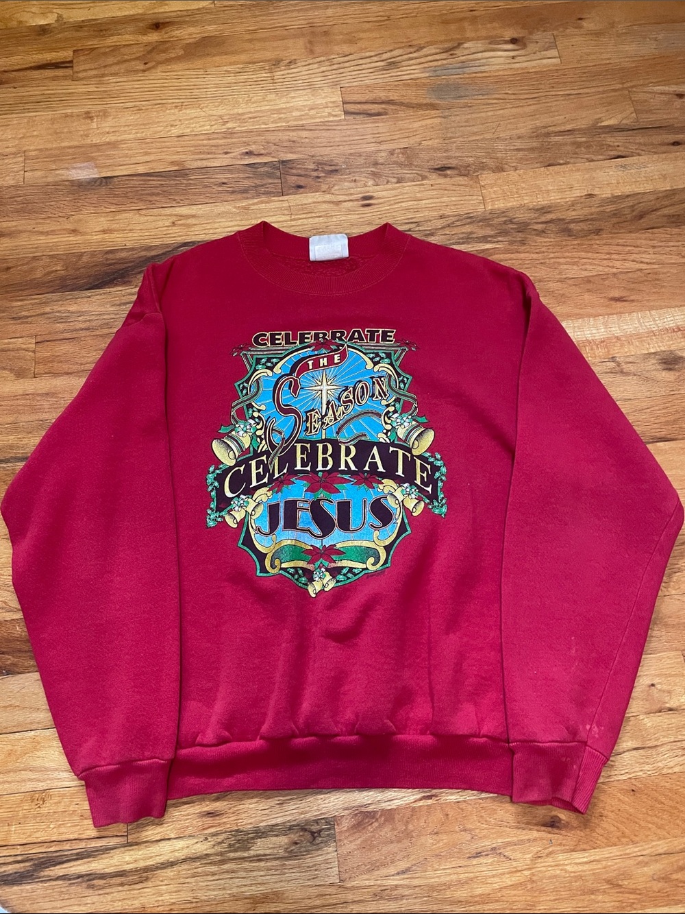 Lee Red Crewneck Sweatshirt with Colorful Celebrate Jesus Graphic